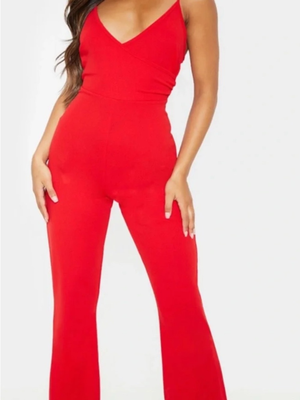 PrettyLittleThing Red V-Neck Flared Jumpsuit